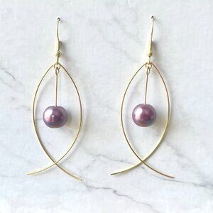 Gold Fish Earrings with Hanging Purple Faux Pearl Bead